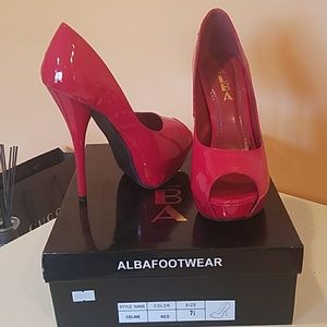 New red patent platform heels